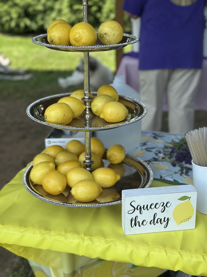 The farm's lavender lemonade booth setup — a tiered stand of fresh lemons with a 'Squeeze the day' sign