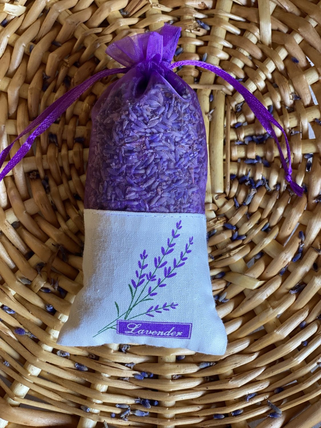 A lavender sachet bag made on the farm