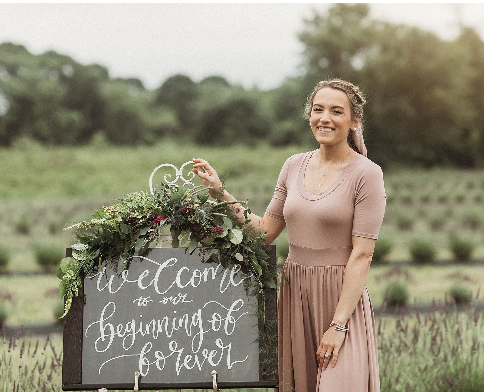 A welcome sign at a celebration at Lavender Waves Farm