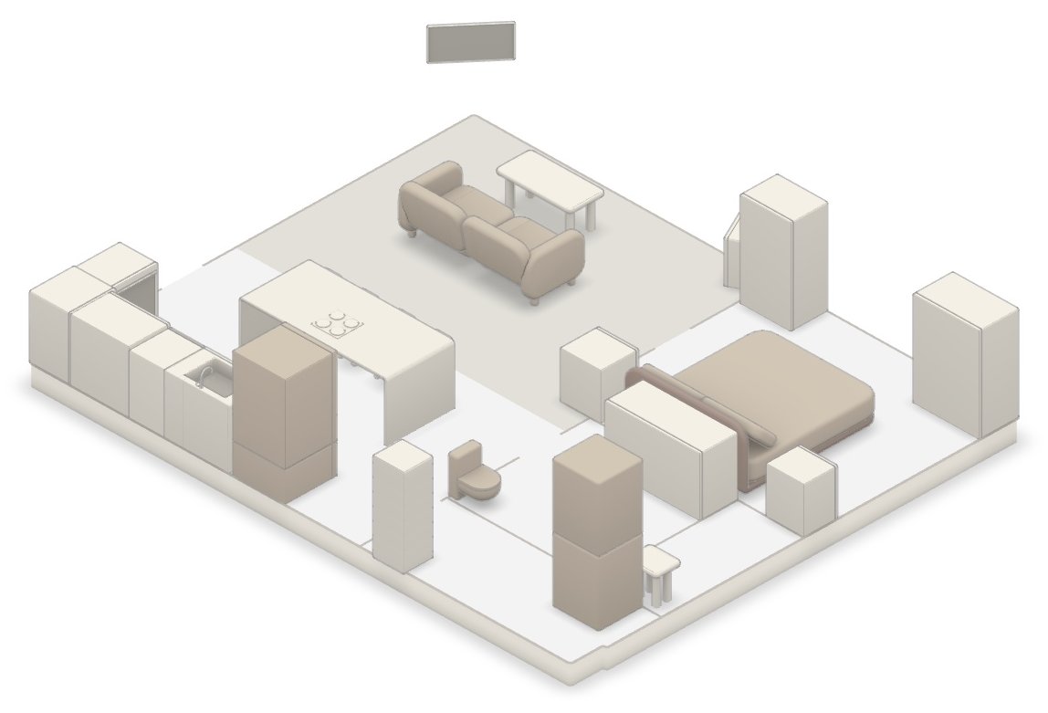 3D view of the Lavender Waves Farm Suite interior showing the bedroom, living room, kitchen, and bathroom.