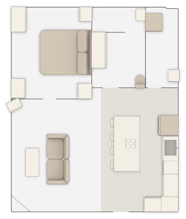 Floor plan of the Lavender Waves Farm Suite showing the bedroom, bathroom, living room, and kitchen layout.